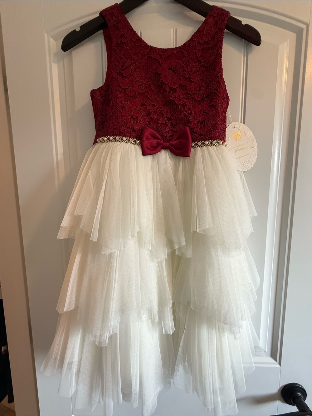 Girls Burgundy Lace & Ivory Tulle Party Dress with Bow